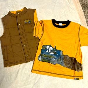 GYMBOREE DIG DIG DIG FLEECE LINED VEST 4 T & YELLOW TEE 5 EUC